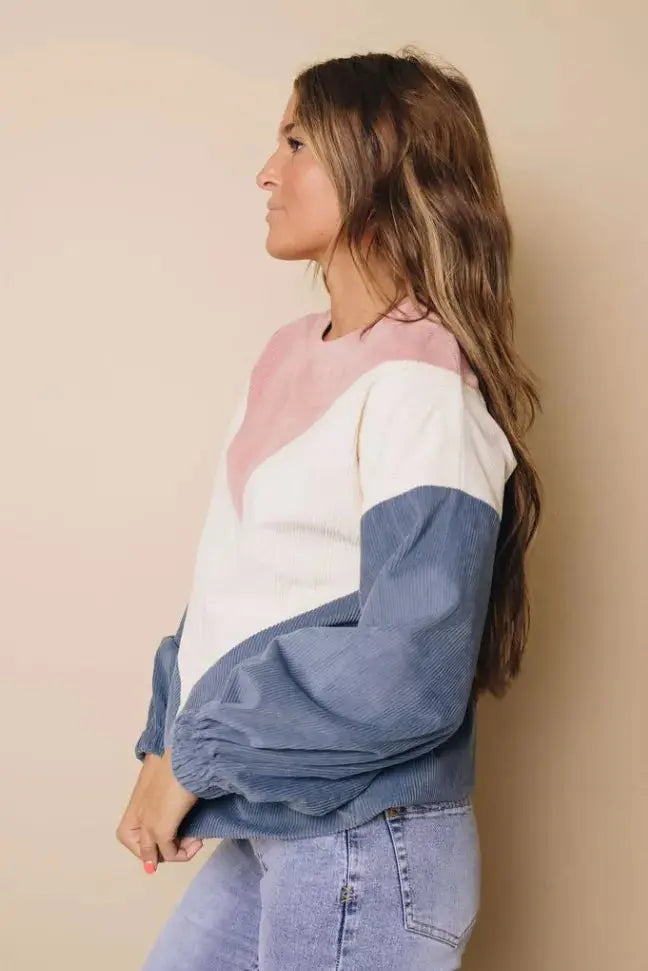 Suki Balloon Sleeve Corduroy Sweatshirt Stay Warm in Style