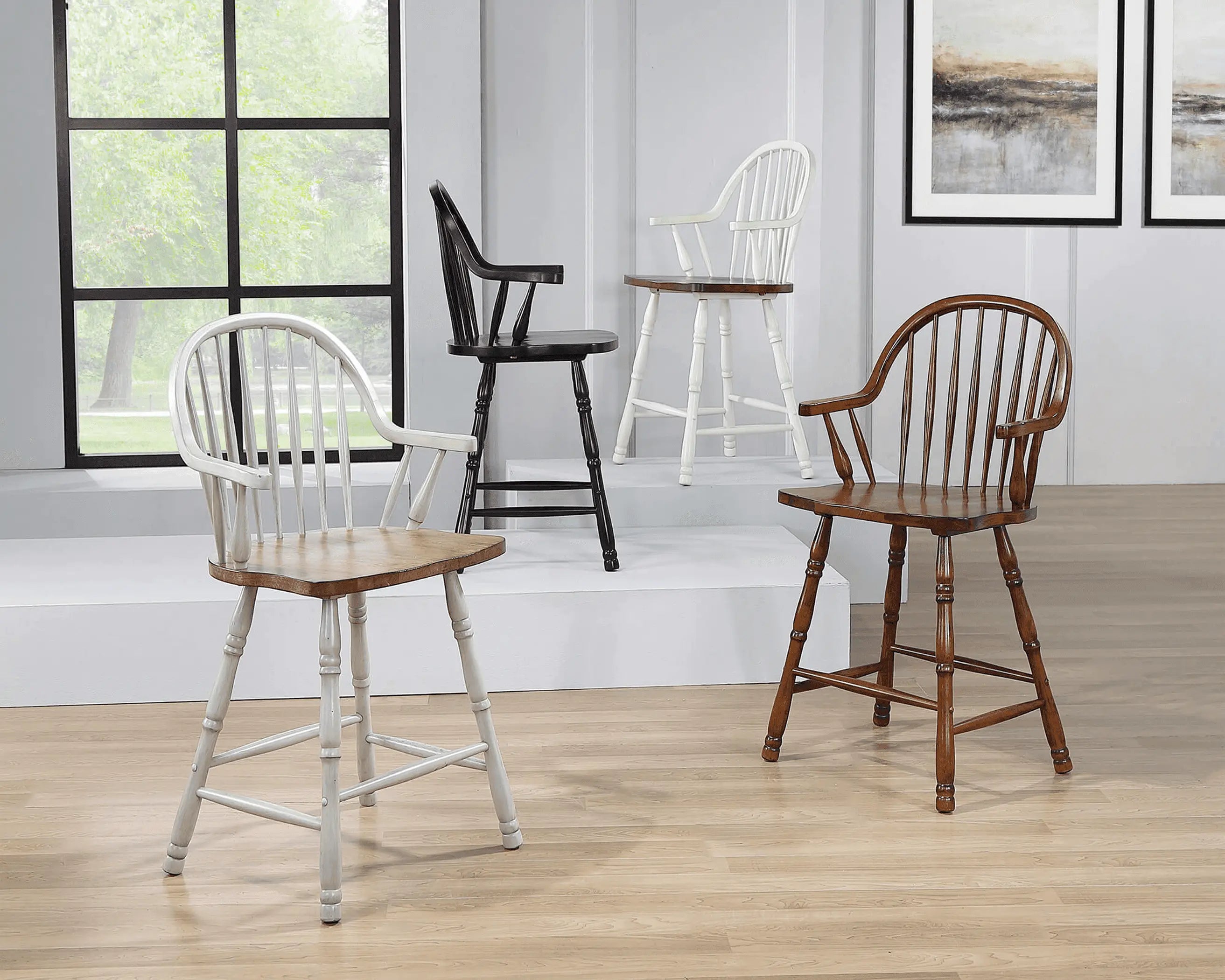 Sunset Trading Andrews 24" Windsor Barstool with Arms | Counter Height Stool | Antique White and Chestnut Brown | Set of 2 Sunset Trading
