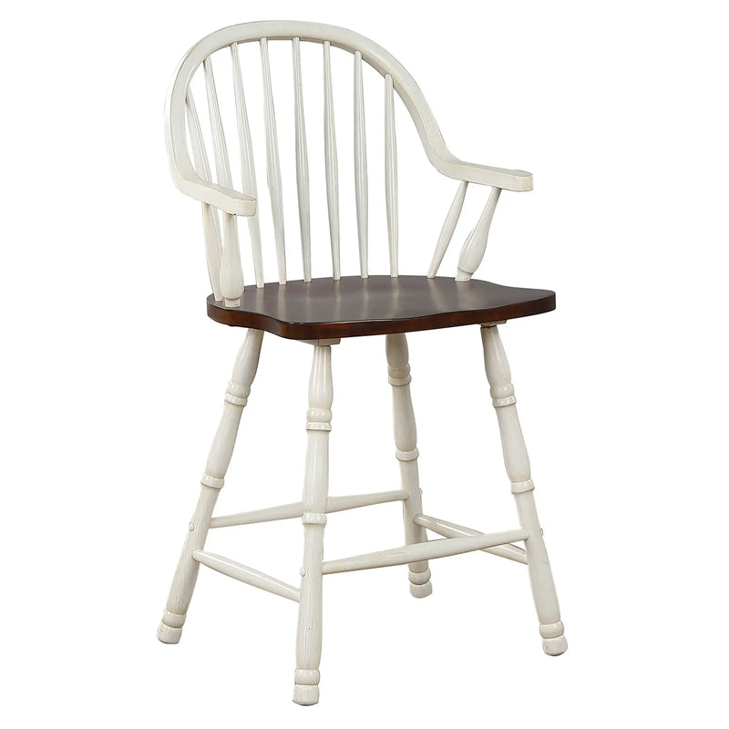 Sunset Trading Andrews 24" Windsor Barstool with Arms | Counter Height Stool | Antique White and Chestnut Brown | Set of 2 Sunset Trading