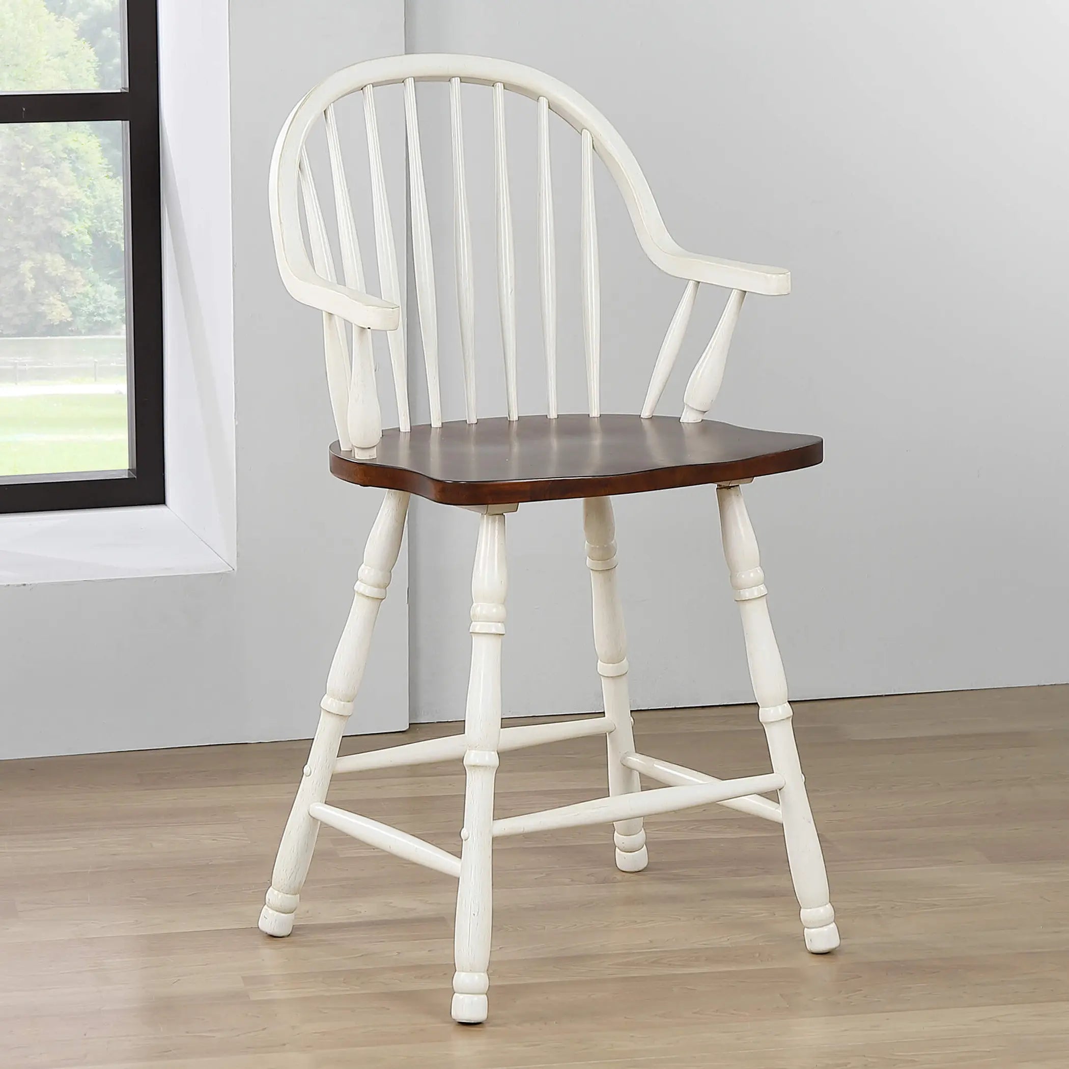 Sunset Trading Andrews 24" Windsor Barstool with Arms | Counter Height Stool | Antique White and Chestnut Brown | Set of 2 Sunset Trading