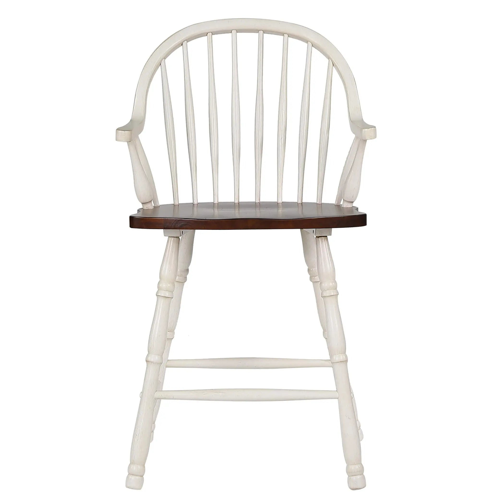 Sunset Trading Andrews 24" Windsor Barstool with Arms | Counter Height Stool | Antique White and Chestnut Brown | Set of 2 Sunset Trading