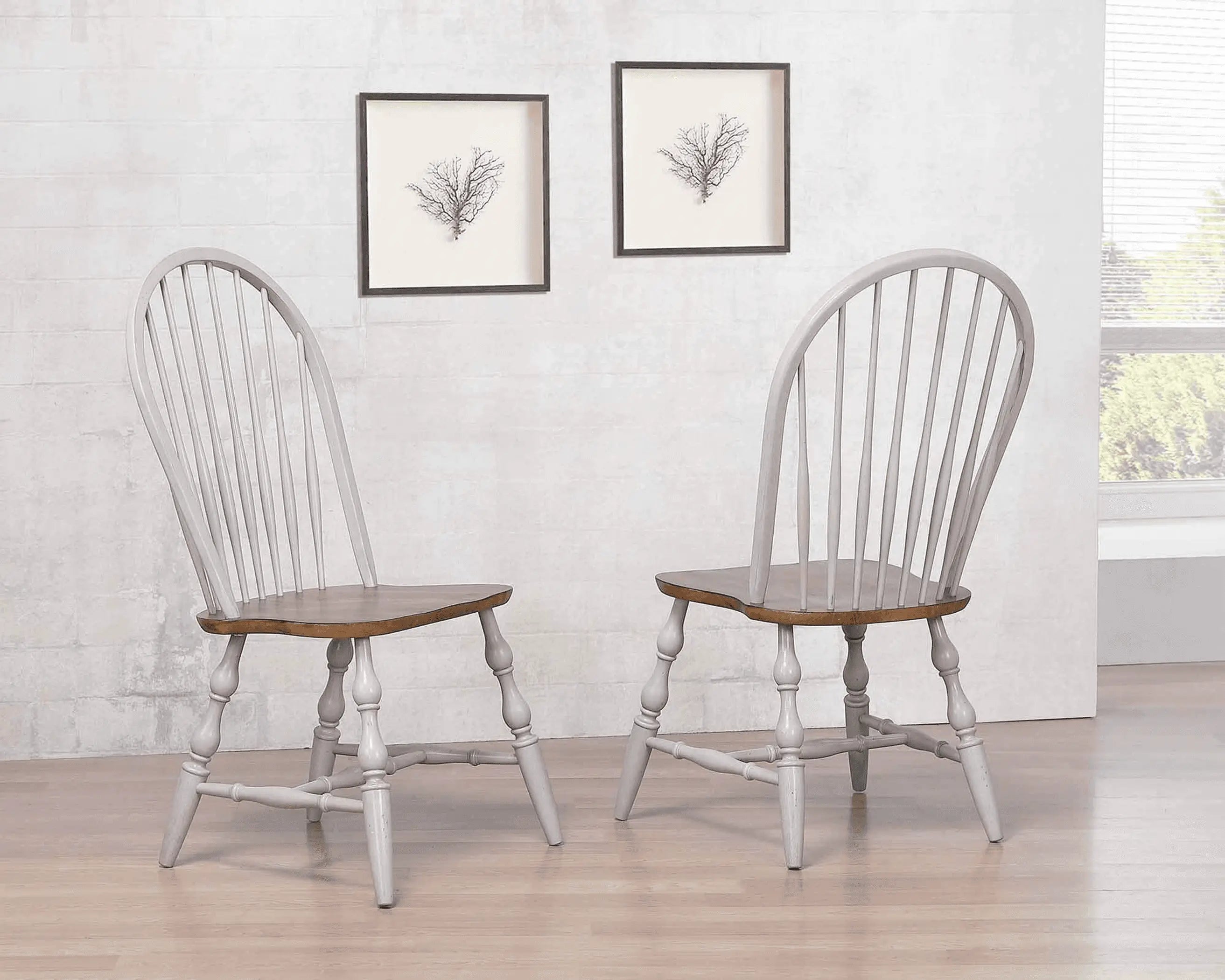 Sunset Trading Country Grove Windsor Spindleback Dining Chair | Fully Assembled Kitchen Chair | Modern Farmhouse Minimalist Country Cottage | Distressed Gray and Brown Wood | Set of 2 Sunset Trading