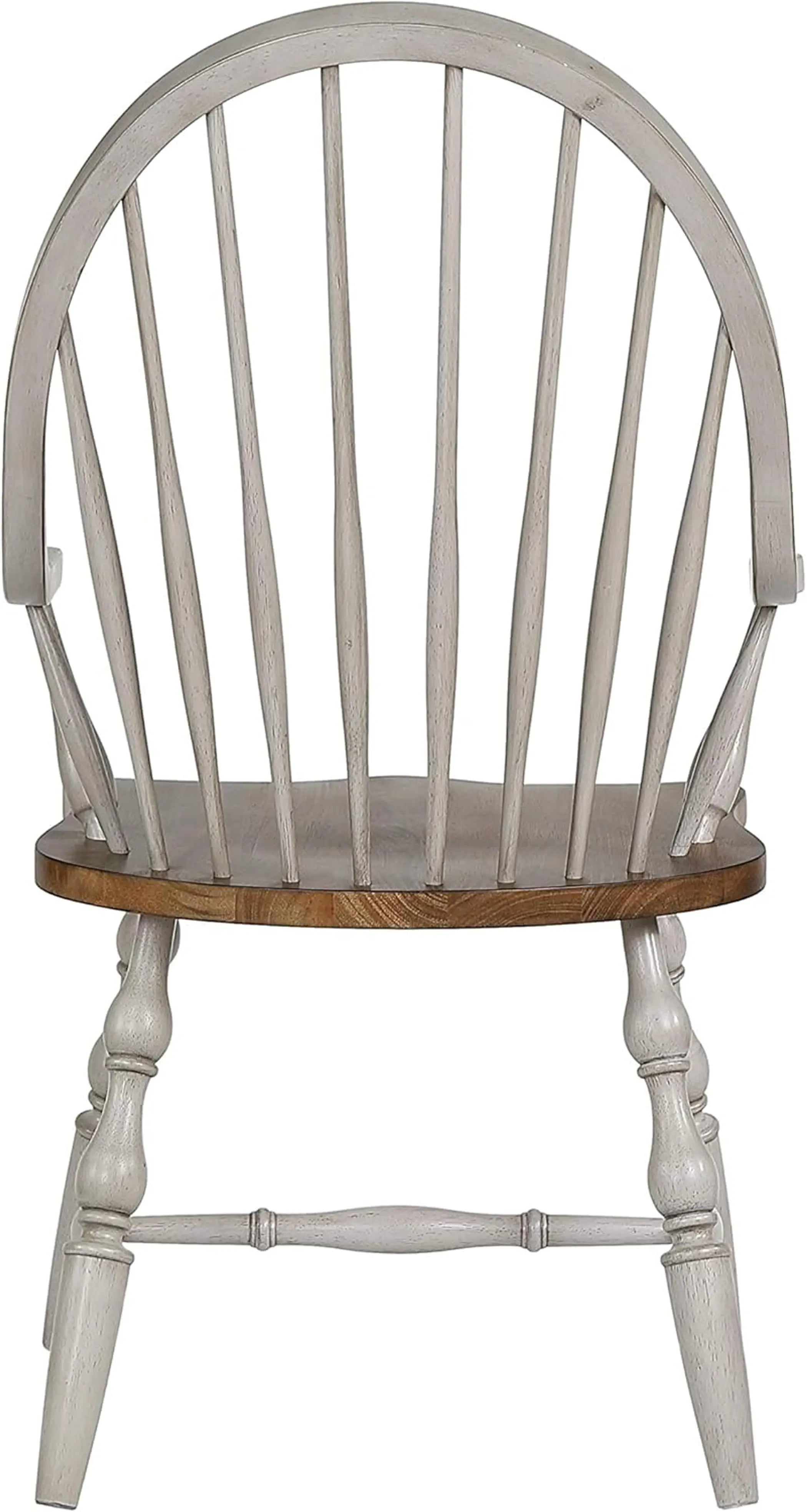 Sunset Trading Country Grove Windsor Spindleback Dining Chair with Arms | Fully Assembled Kitchen Armchair| Modern Farmhouse Minimalist Country Cottage | Distressed Gray and Brown Wood Sunset Trading