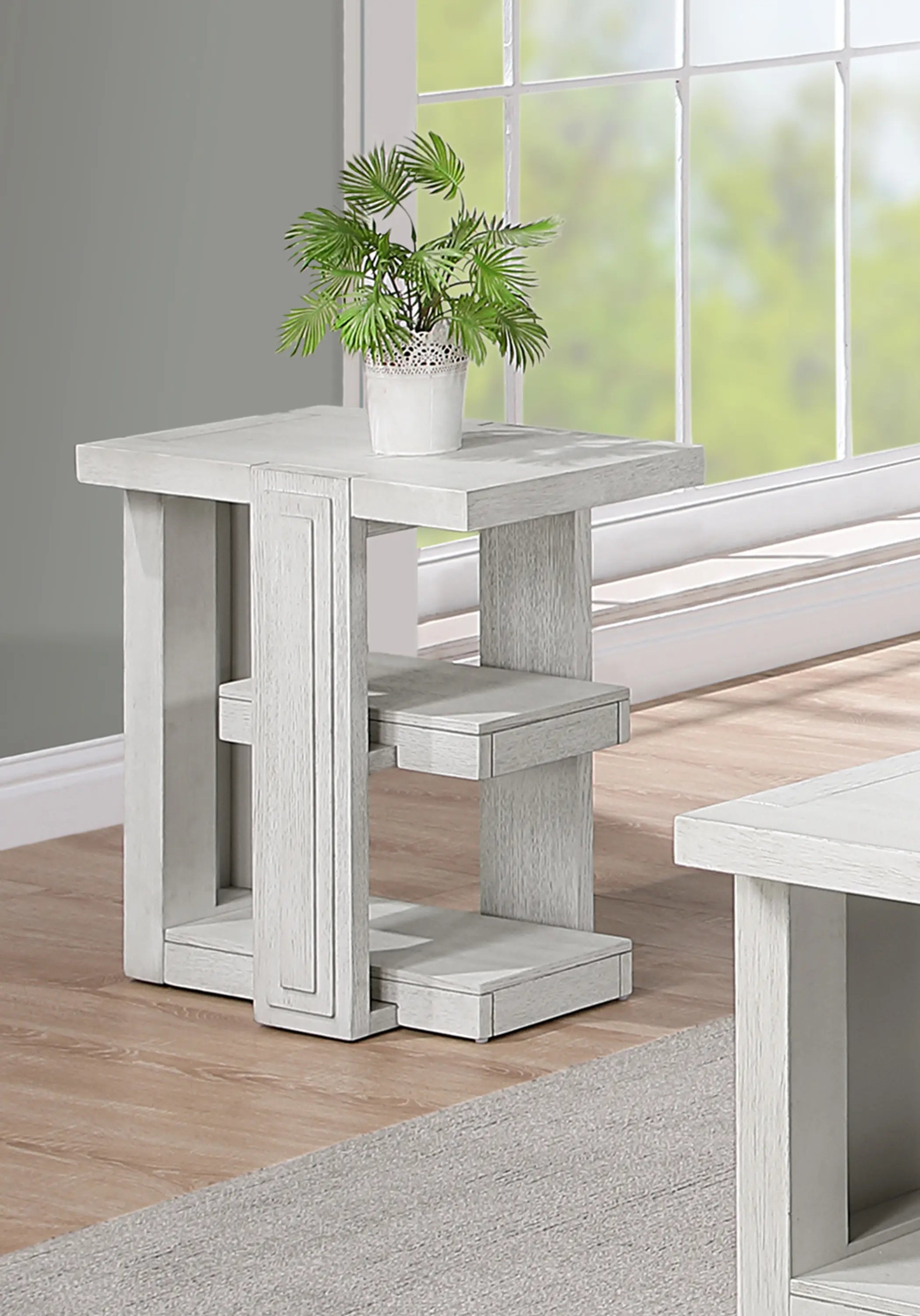 Sunset Trading Dover Chairside 14" Slim Rectangular Side End Table with Storage Shelves | Cerused White Oak Wood Sunset Trading