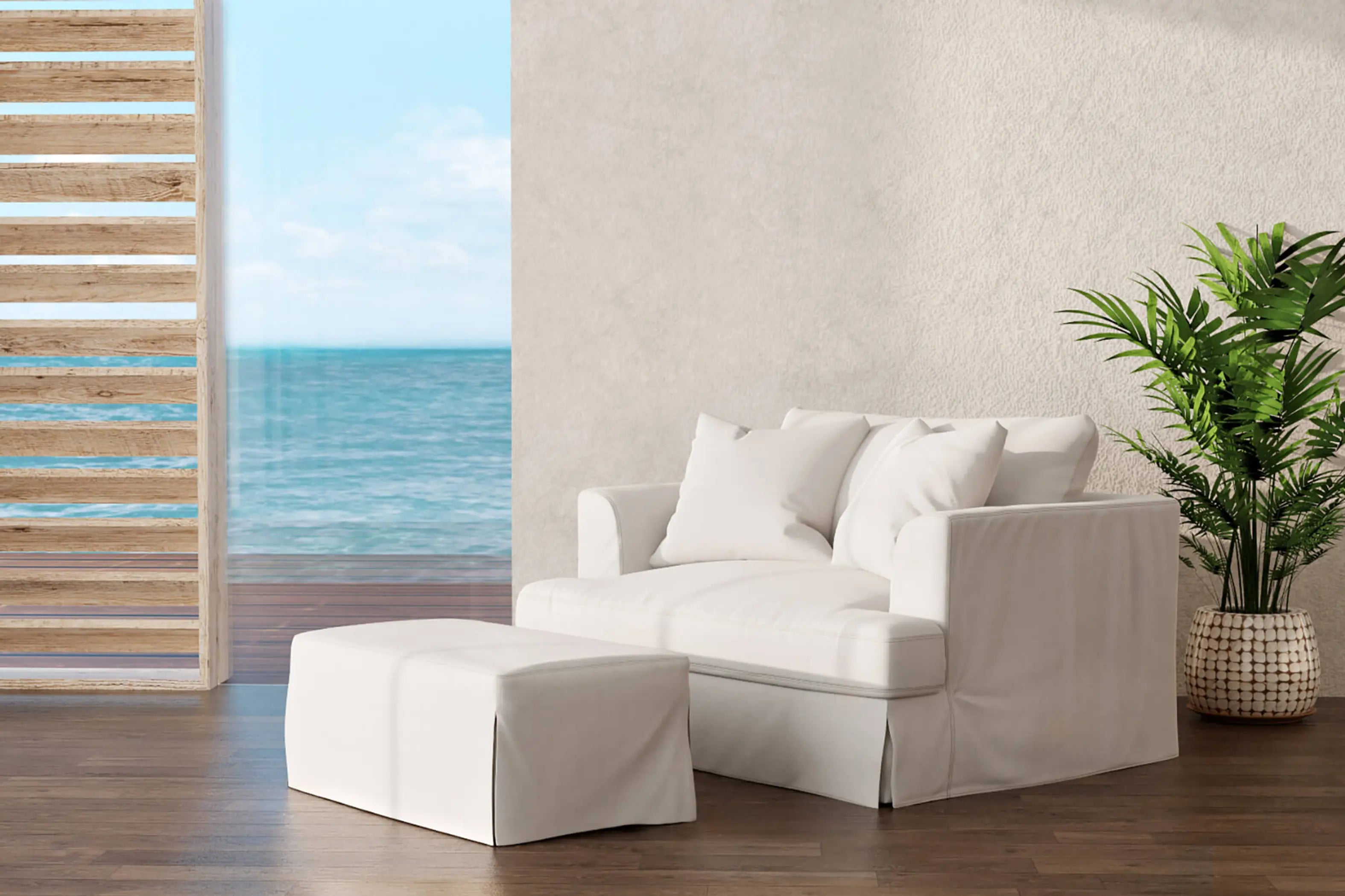 Sunset Trading Newport Slipcovered 44" Wide Ottoman | Performance Fabric Washable Water-Resistant Stain-Proof | White Sunset Trading