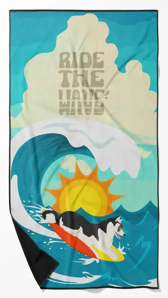 Surfer Dog Red White Siberian Husky Premium Beach Towel Caroline's Treasures