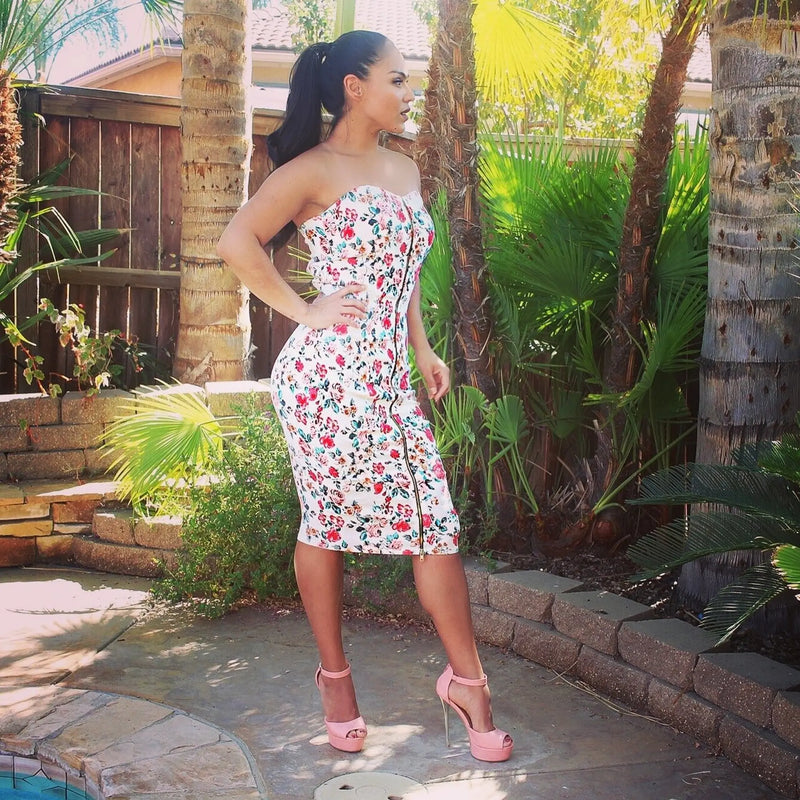 Sweetheart Neckline Floral Print Dress With Zip up Front SurelyMine