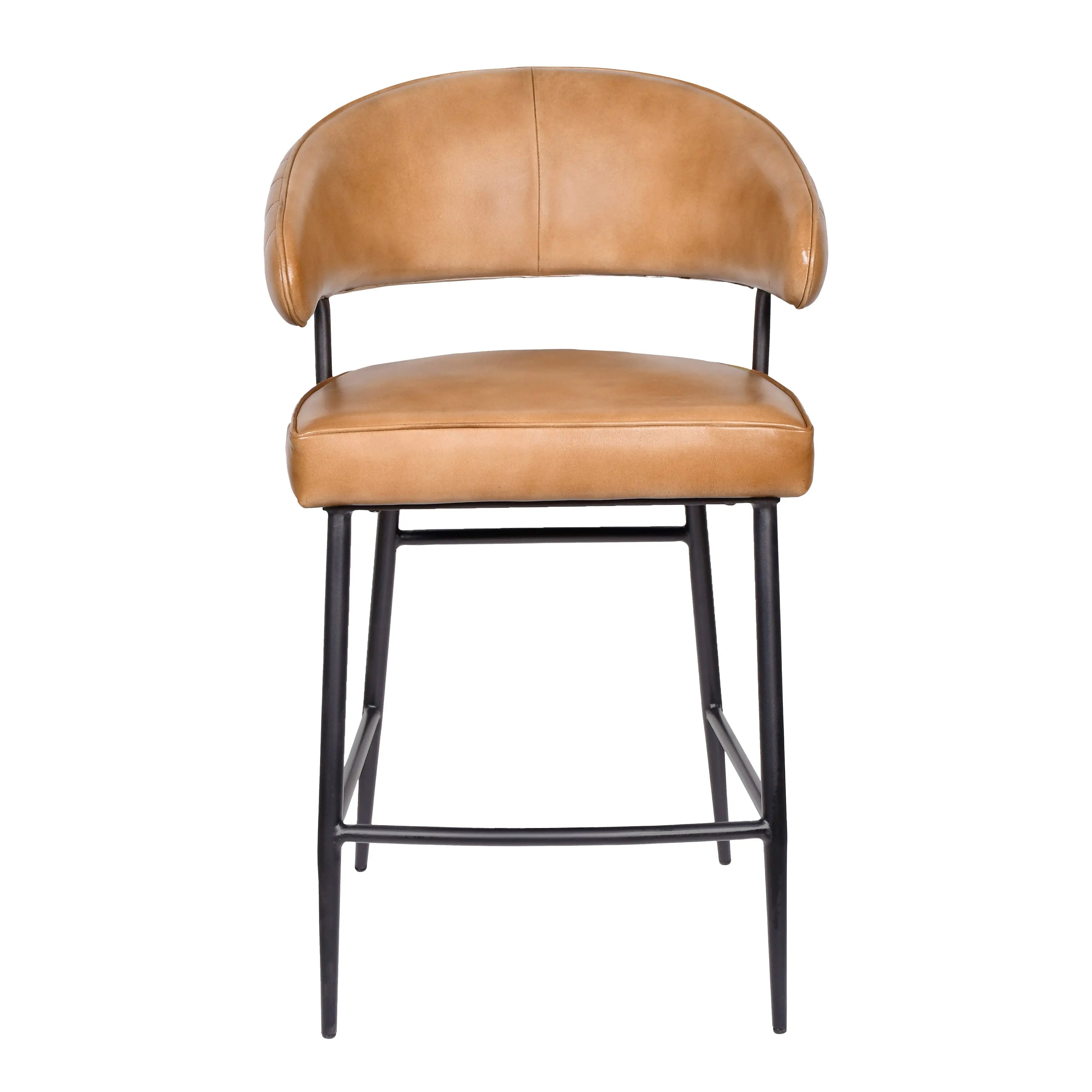 Tan and Black Leather Genuine Leather and Iron Low Back Counter Height Bar Chair Homeroots Living Room