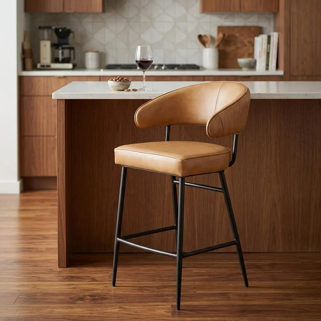 Tan and Black Leather Genuine Leather and Iron Low Back Counter Height Bar Chair Homeroots Living Room
