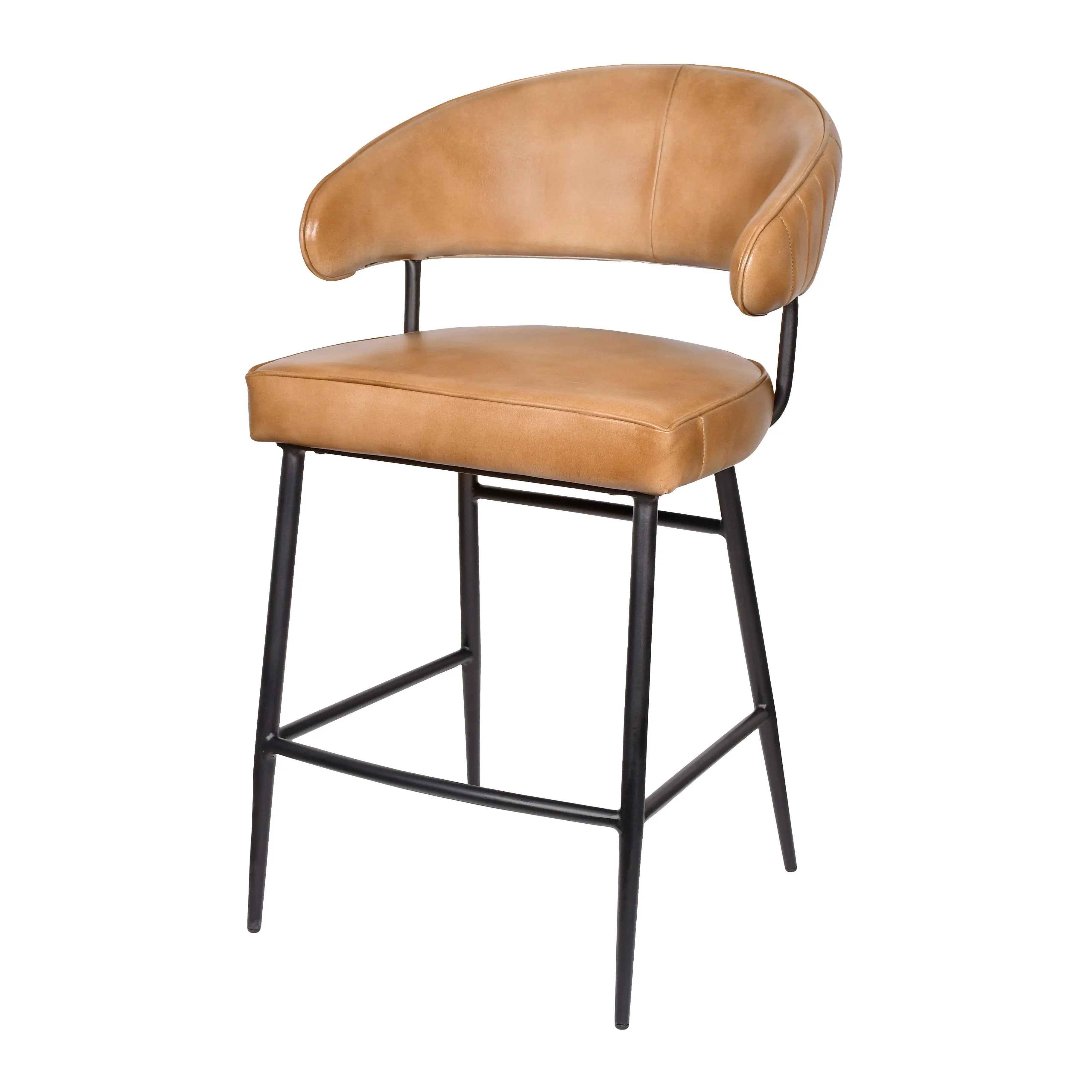 Tan and Black Leather Genuine Leather and Iron Low Back Counter Height Bar Chair Homeroots Living Room