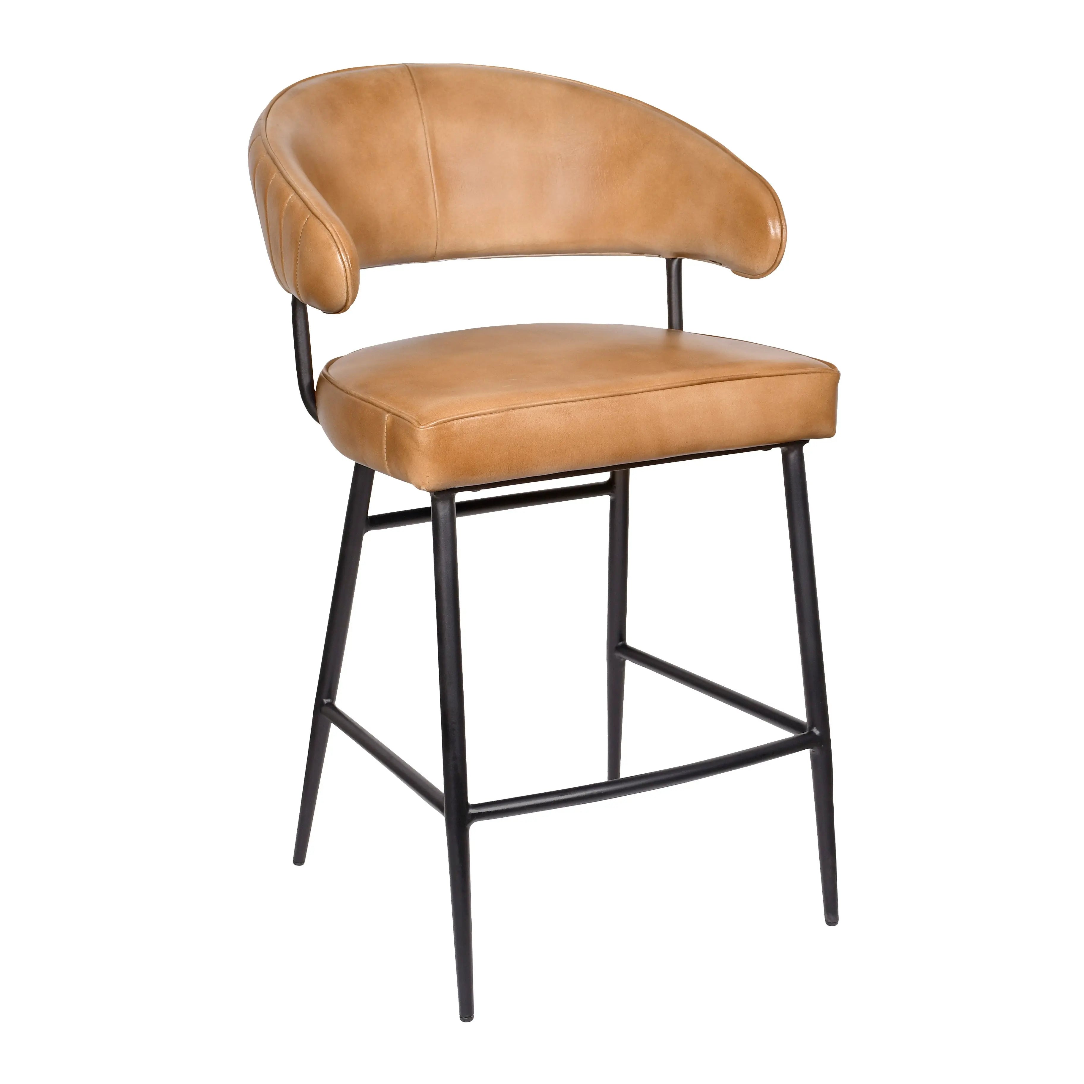 Tan and Black Leather Genuine Leather and Iron Low Back Counter Height Bar Chair Homeroots Living Room