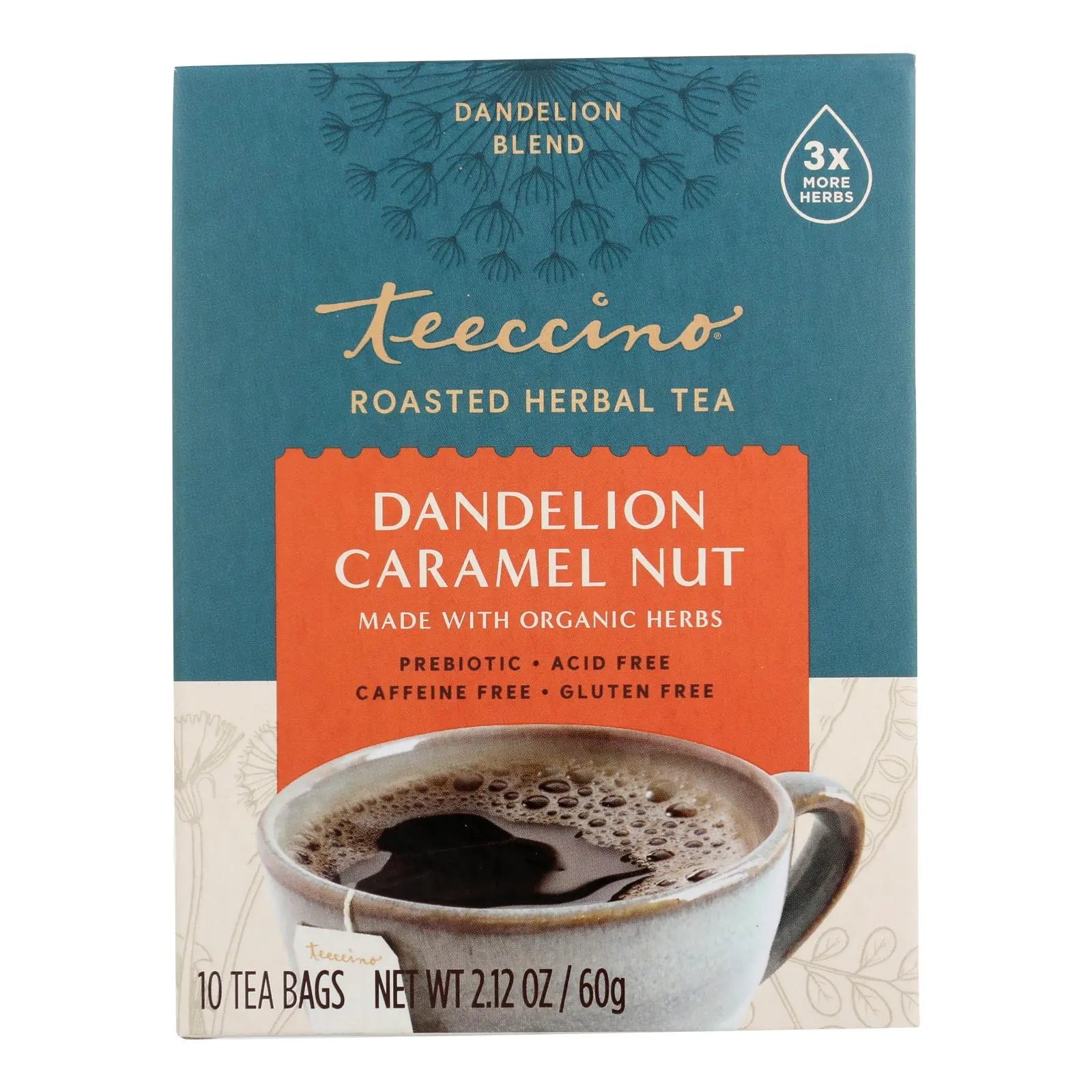 Teeccino Coffee Tee Bags - Organic - Dandelion Caramel Nut Herbal - 10 Bags Teeccino