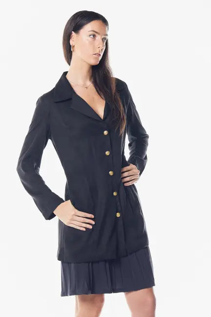Black satin blazer dress with gold buttons and a tailored fit, perfect for chic, sophisticated outings.