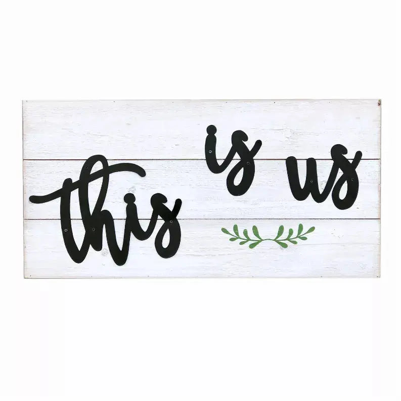 This is Us Rustic Wall Sign- Farmhouse Whitewashed Wood Plaque with Raised Metal Quotes??Family Wall Decor for Living Room Bedroom Entryway Kitchen- 23.6 x 11.8 x 1.8 Inches Paris Loft Inc