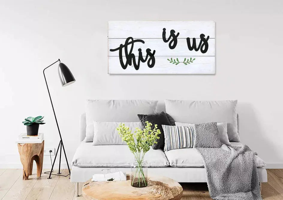 This is Us Rustic Wall Sign- Farmhouse Whitewashed Wood Plaque with Raised Metal Quotes??Family Wall Decor for Living Room Bedroom Entryway Kitchen- 23.6 x 11.8 x 1.8 Inches Paris Loft Inc