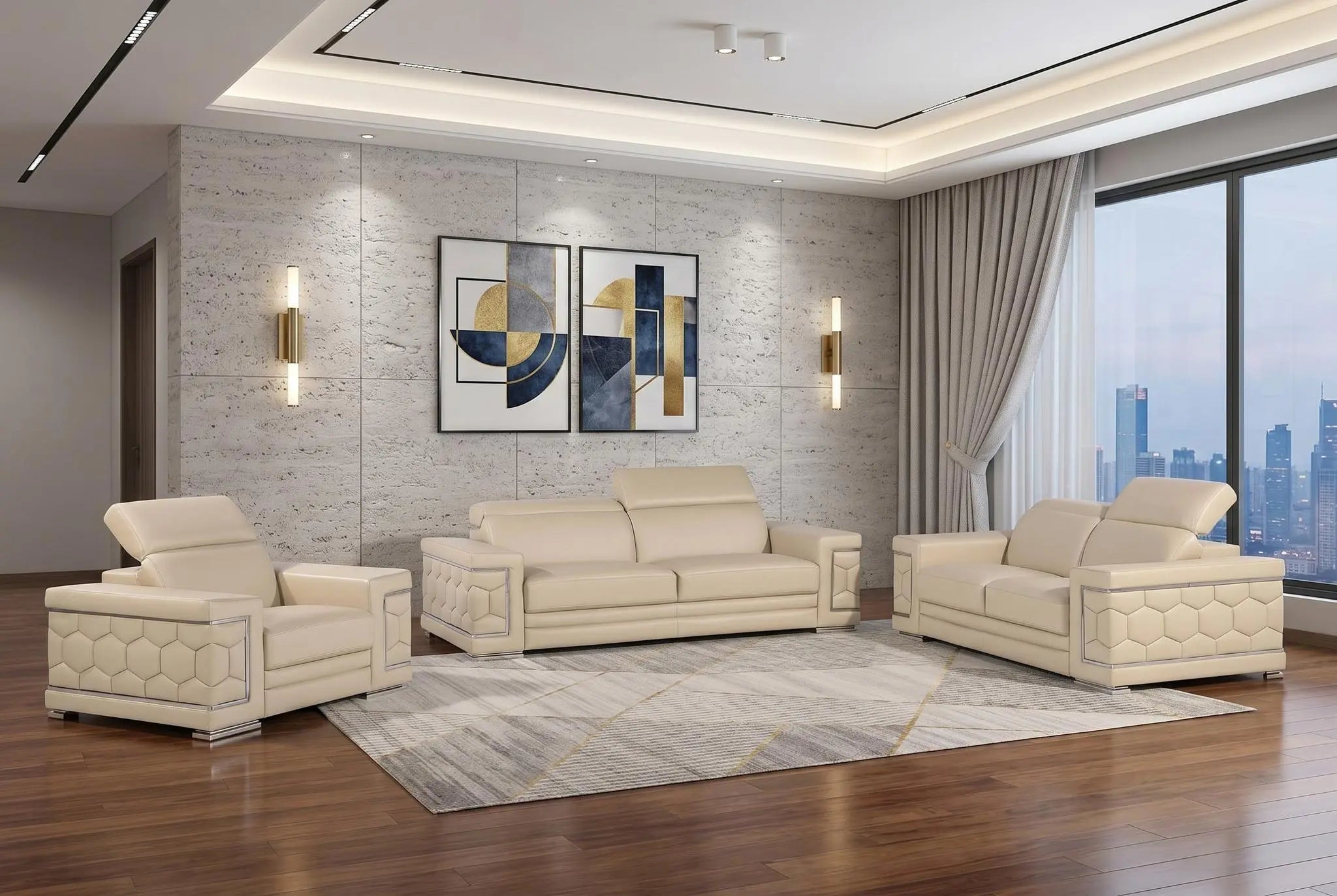 Three Piece Beige Genuine Leather Six Person Seating Set Homeroots Living Room
