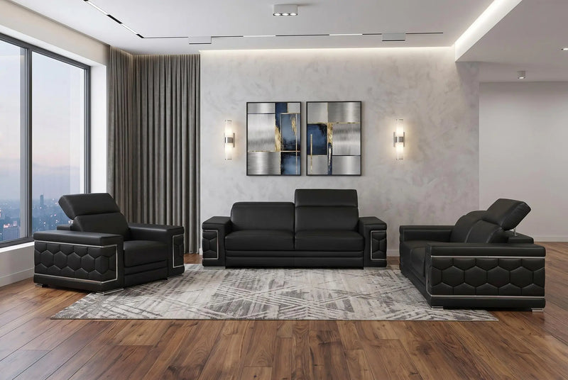 Three Piece Black Genuine Leather Six Person Seating Set Homeroots Living Room