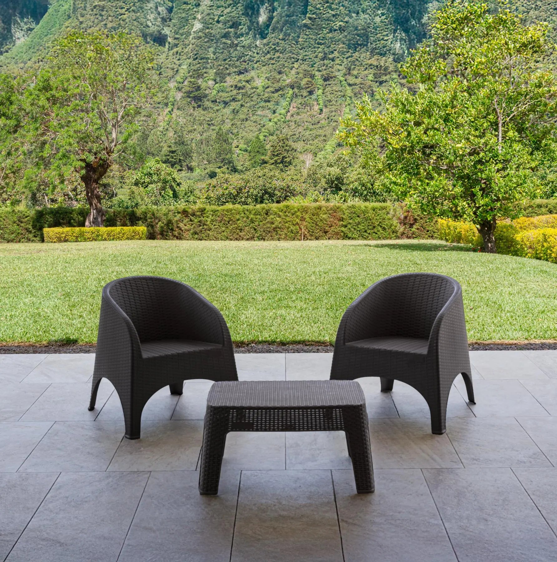 Three Piece Espresso Plastic Two Person Seating Group With Table Homeroots Outdoor