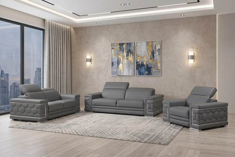 Three Piece Gray Genuine Leather Six Person Seating Set Homeroots Living Room