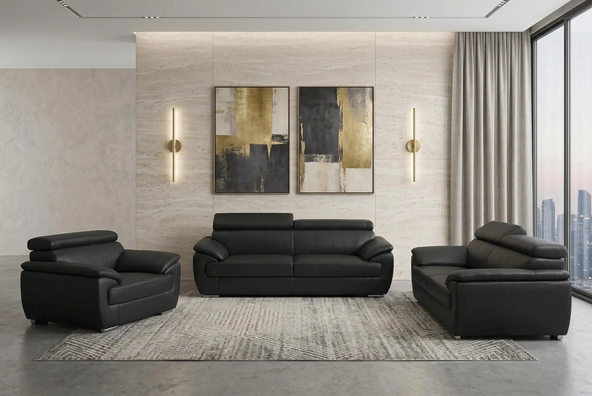 Three Piece Indoor Black Genuine Leather Six Person Seating Set Homeroots Living Room
