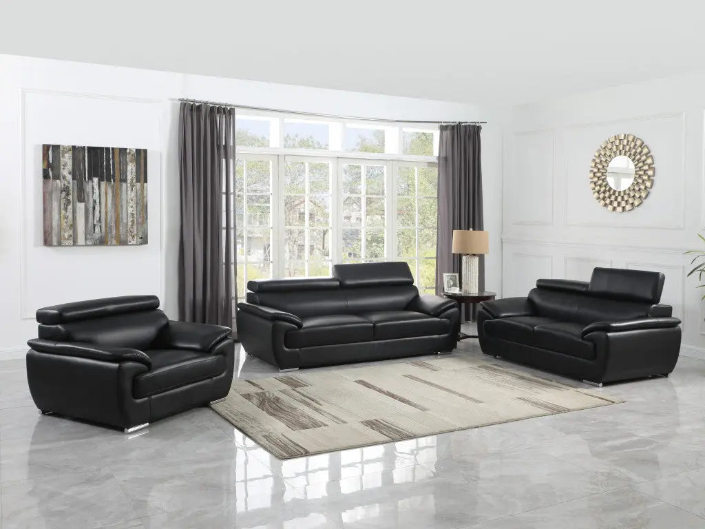 Three Piece Indoor Black Genuine Leather Six Person Seating Set Homeroots Living Room