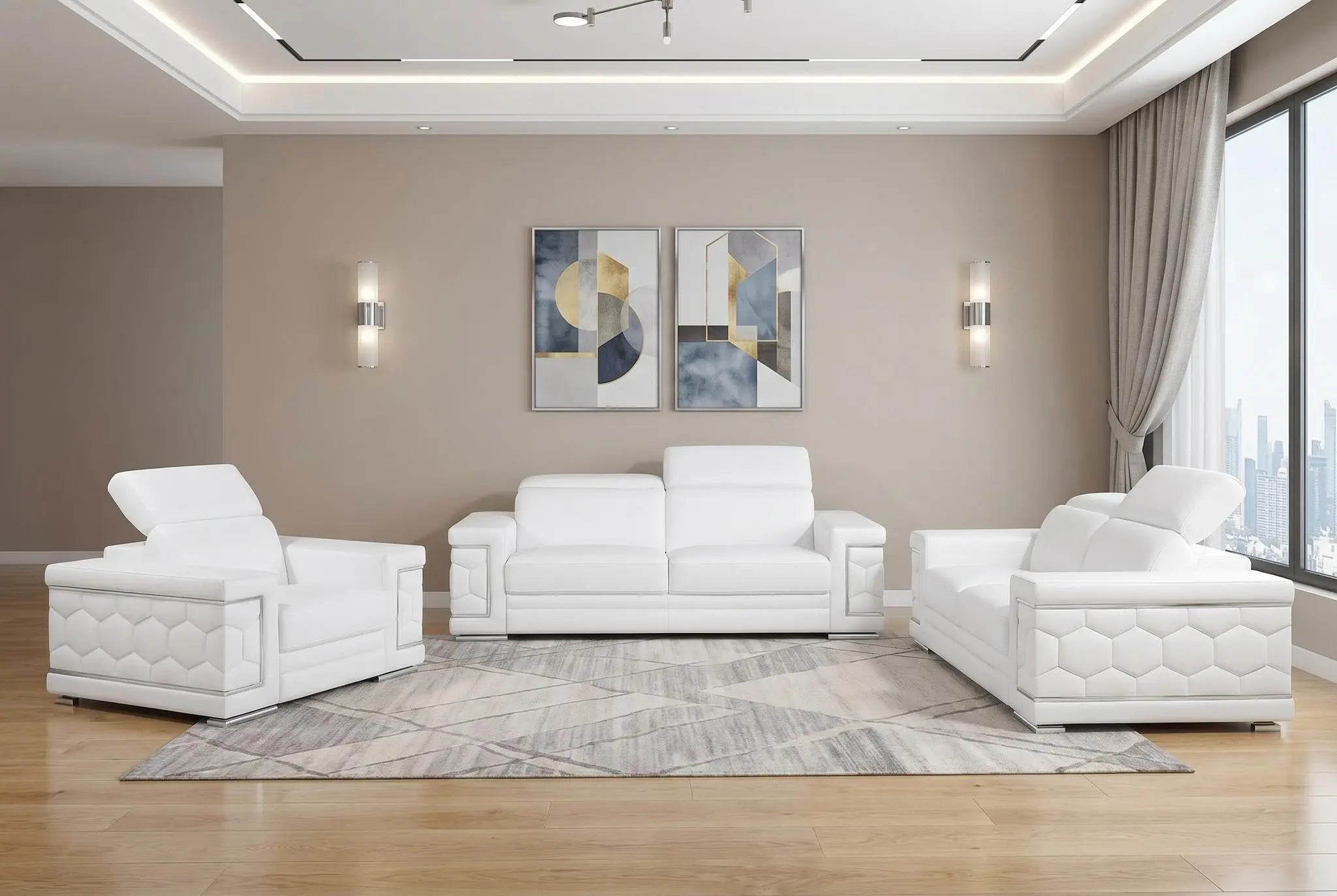 Three Piece White Genuine Leather Six Person Seating Set Homeroots Living Room