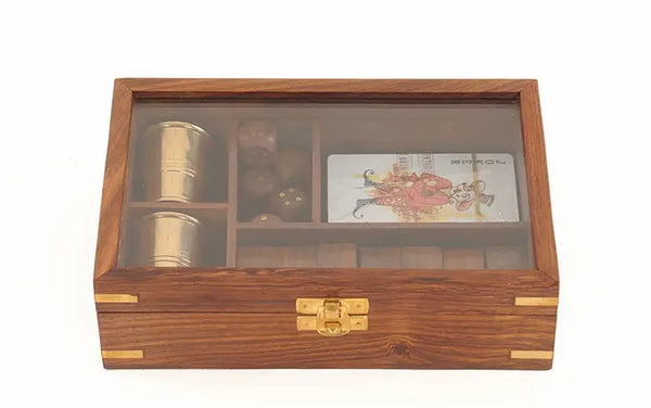 Three-in-One Games Set with Dice, Dominos, Cards, Goblets, and Wooden Game Board OMH USA