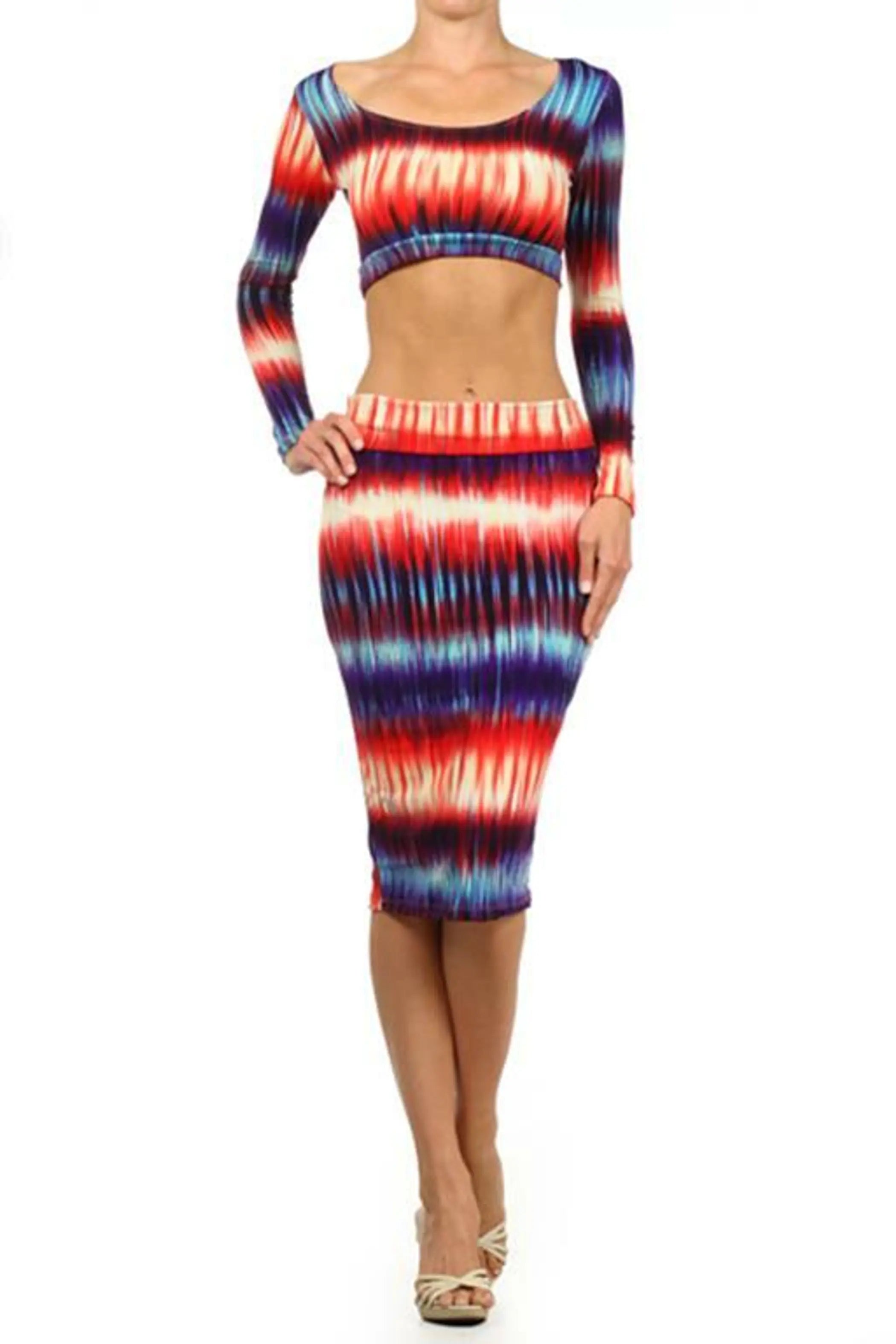 Tie Dye Print 2 Piece Set With a Cropped Fitted Top and a Matching High Waist Skirt Multi SurelyMine