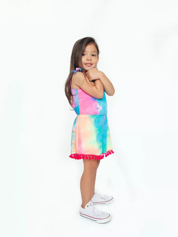 Tie Dye Tank Romper With Pom Pom Trim Little Mass