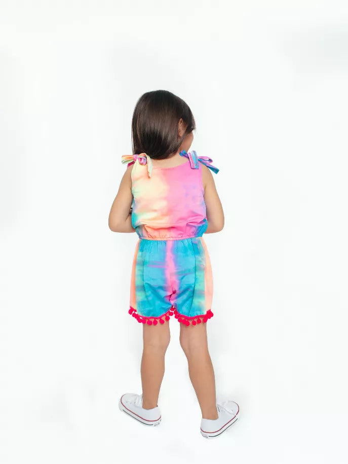 Tie Dye Tank Romper With Pom Pom Trim Little Mass