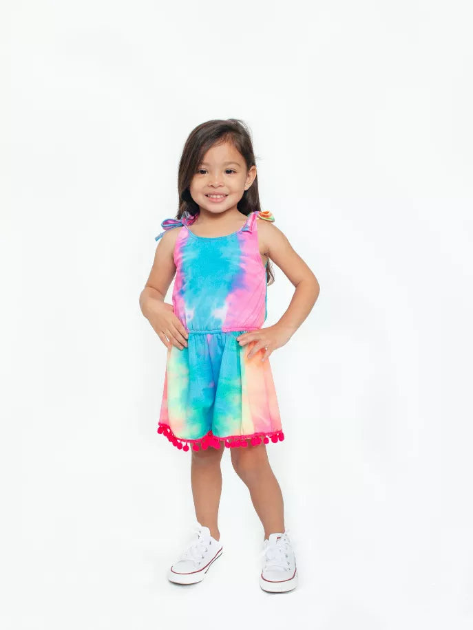 Tie Dye Tank Romper With Pom Pom Trim Little Mass