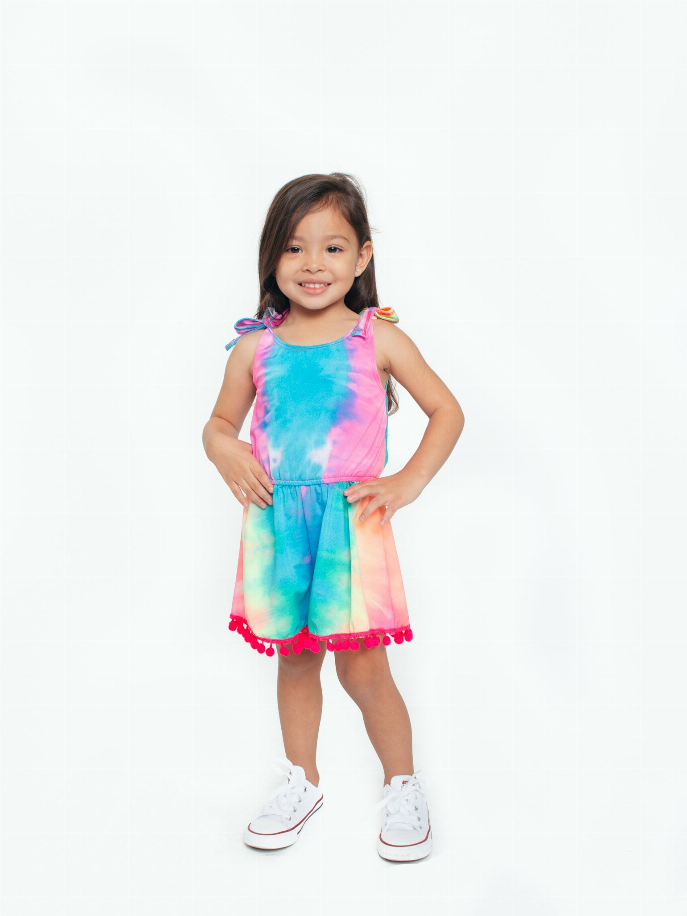 Tie Dye Tank Romper With Pom Pom Trim Little Mass