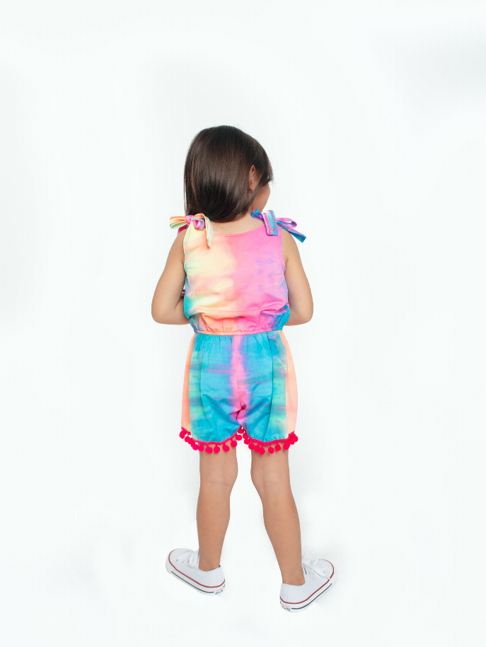 Tie Dye Tank Romper With Pom Pom Trim Little Mass
