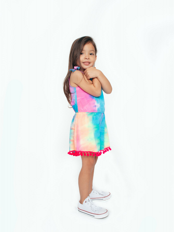 Tie Dye Tank Romper With Pom Pom Trim Little Mass