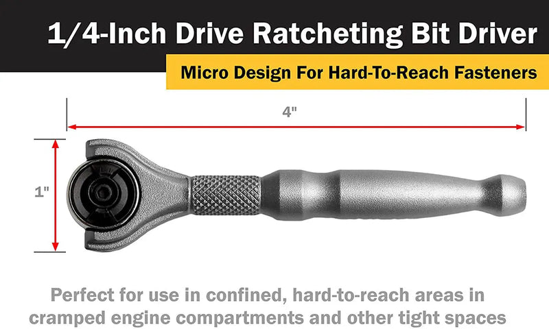 Titan 1/4" Drive Aluminum Swivel Head Micro Ratchet Bit Driver Silver TITAN