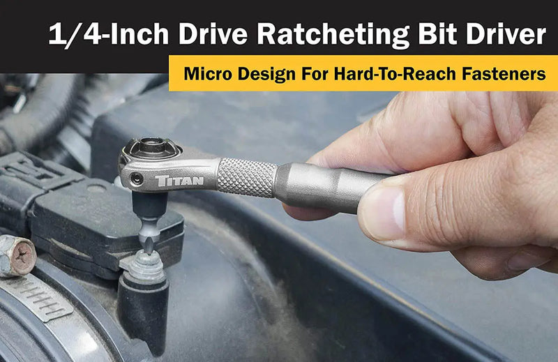 Titan 1/4" Drive Aluminum Swivel Head Micro Ratchet Bit Driver Silver TITAN
