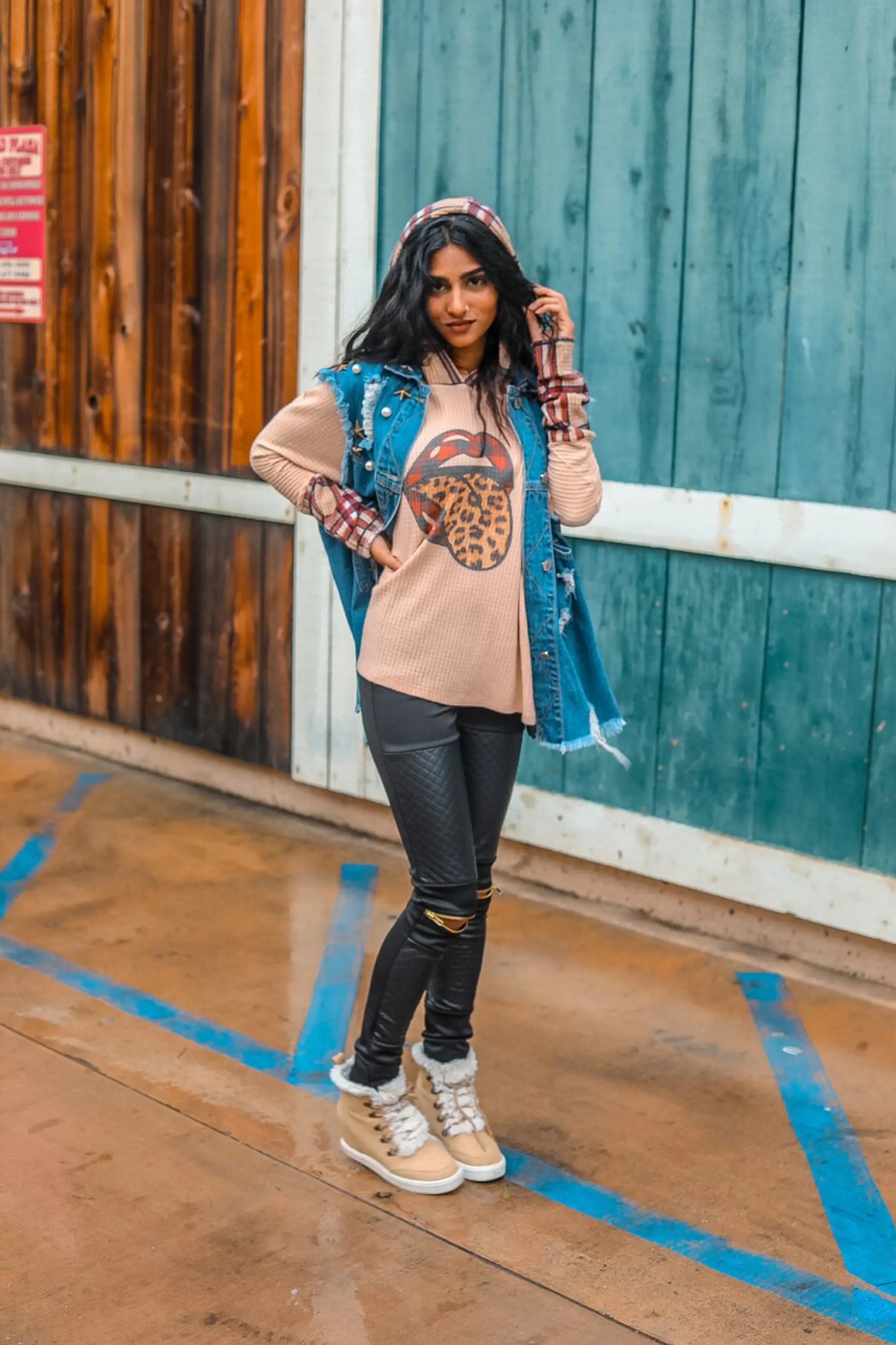 Tongue Out Rolling Stones Leopard Plaid Contrast Hoodie Cream SurelyMine