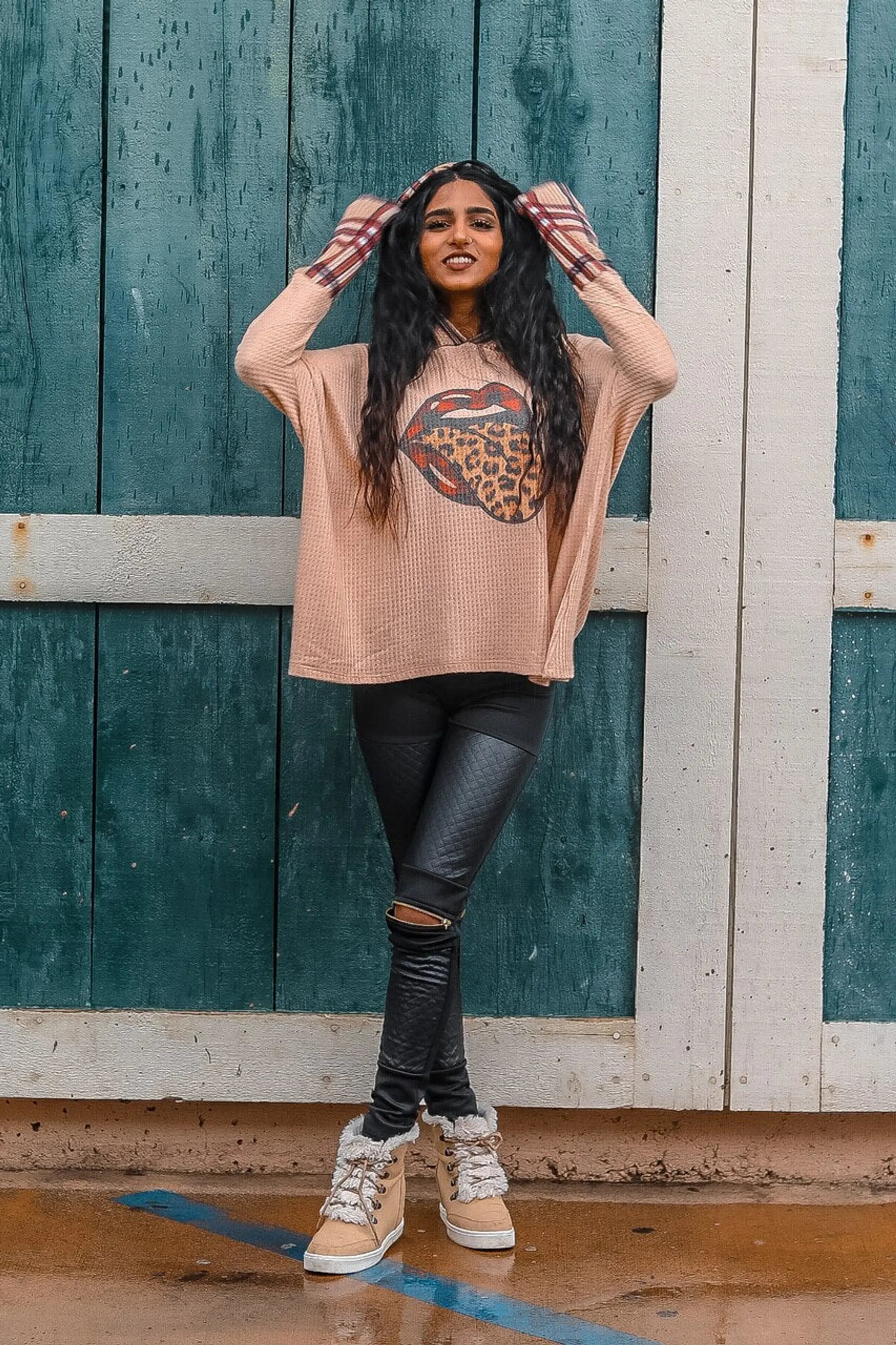 Tongue Out Rolling Stones Leopard Plaid Contrast Hoodie Cream SurelyMine
