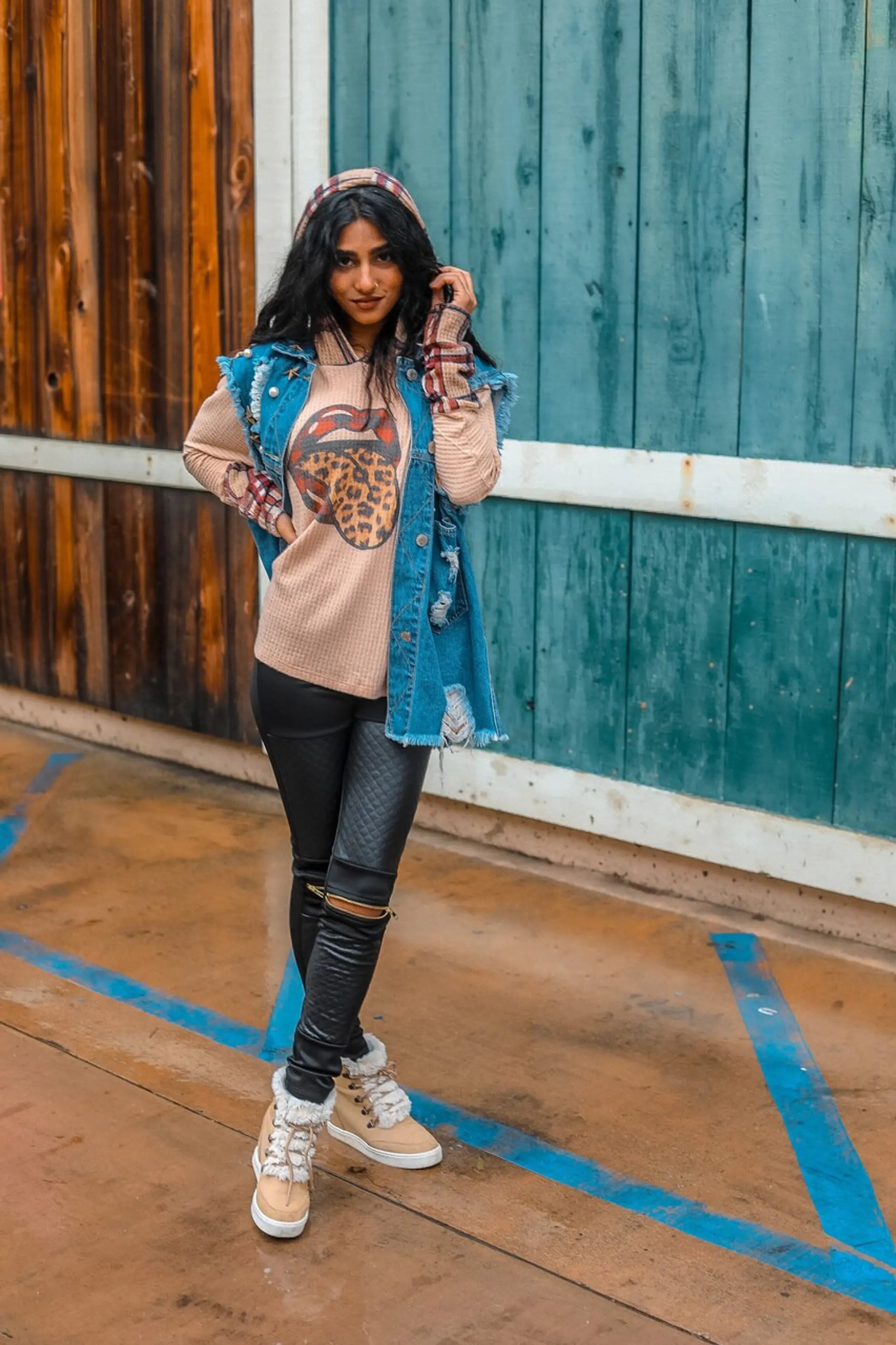 Tongue Out Rolling Stones Leopard Plaid Contrast Hoodie Cream SurelyMine