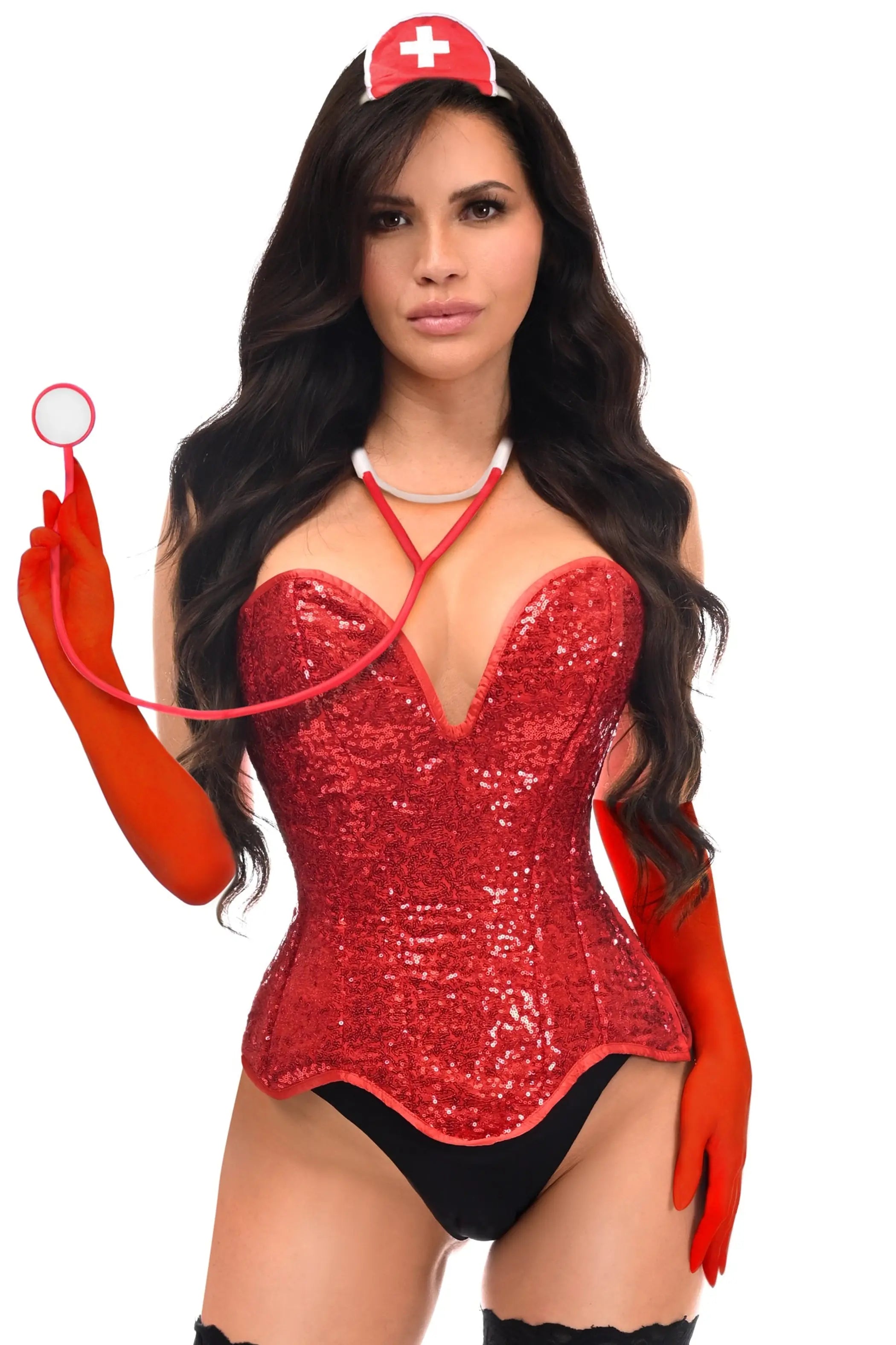 Top Drawer 4 PC Premium Sequin Nurse Corset Costume Daisy Corsets