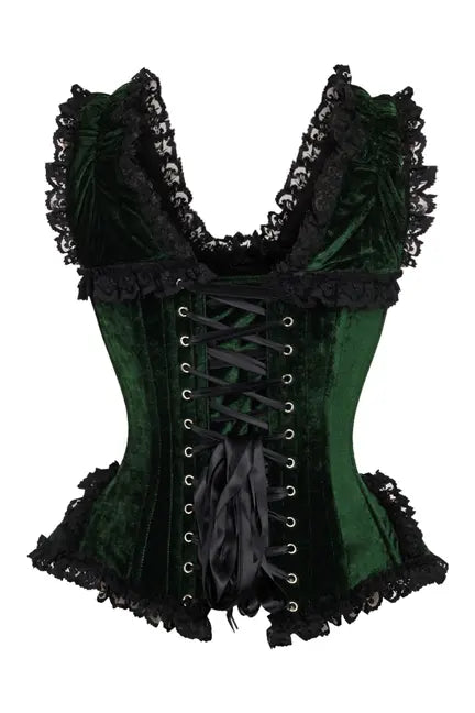 Top Drawer Dark Green Velvet & Lace Steel Boned Corset with Cap Sleeves Daisy Corsets
