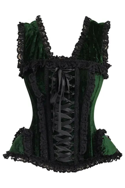 Top Drawer Dark Green Velvet & Lace Steel Boned Corset with Cap Sleeves Daisy Corsets