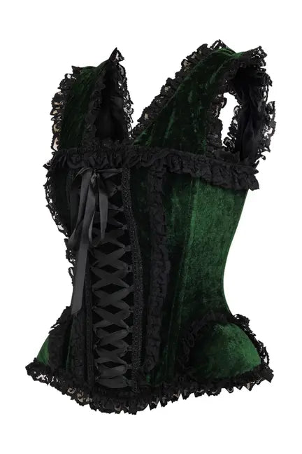 Top Drawer Dark Green Velvet & Lace Steel Boned Corset with Cap Sleeves Daisy Corsets