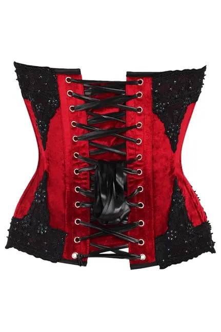 Top Drawer Dark Red Velvet & Beaded Steel Boned Overbust Corset Daisy Corsets