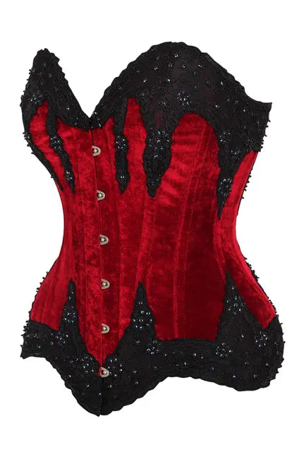 Top Drawer Dark Red Velvet & Beaded Steel Boned Overbust Corset Daisy Corsets