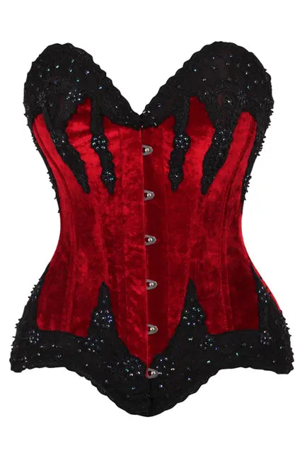 Top Drawer Dark Red Velvet & Beaded Steel Boned Overbust Corset Daisy Corsets