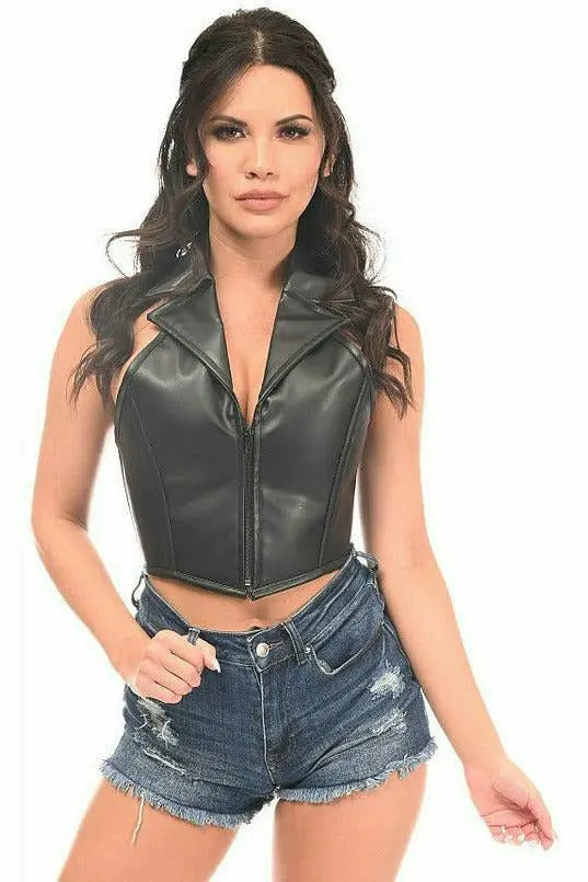 Top Drawer Faux Leather Steel Boned Collared Bustier Top Daisy Corsets