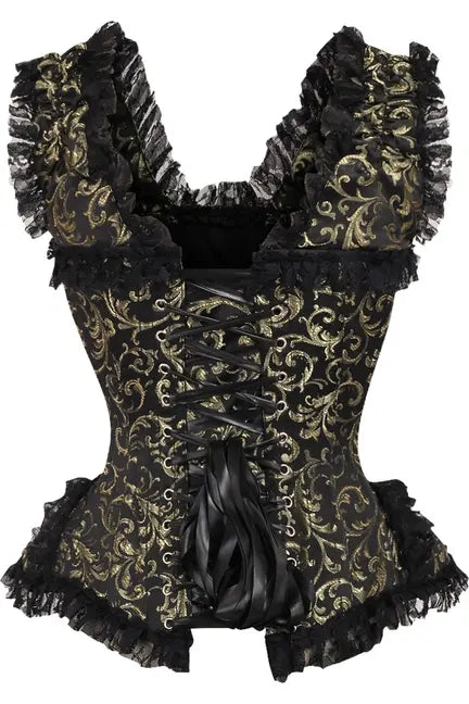 Top Drawer Gold/Black Swirl Brocade & Lace Steel Boned Corset w/Cap Sleeves Daisy Corsets