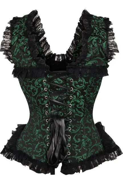 Top Drawer Green/Black Swirl Brocade & Lace Steel Boned Corset w/Cap Sleeves Daisy Corsets