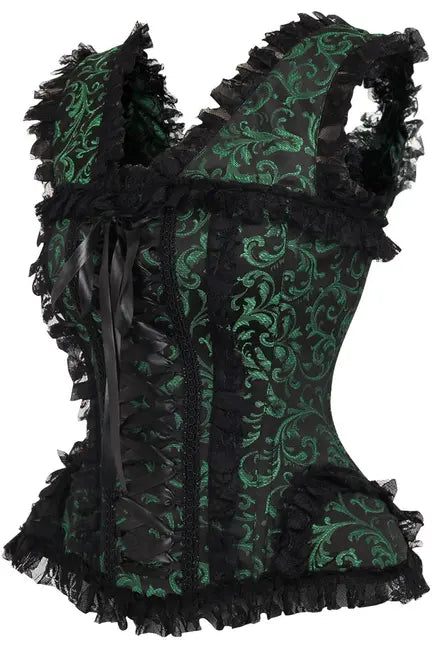 Top Drawer Green/Black Swirl Brocade & Lace Steel Boned Corset w/Cap Sleeves Daisy Corsets